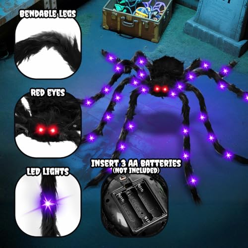 Giant Halloween Light Up Spider - Purple Glowing Hairy 6.6 FT Decoration with LED Eyes
