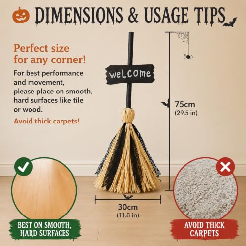 Self-Moving Light Up Witch Broom with Spooky Music for Halloween Decor
