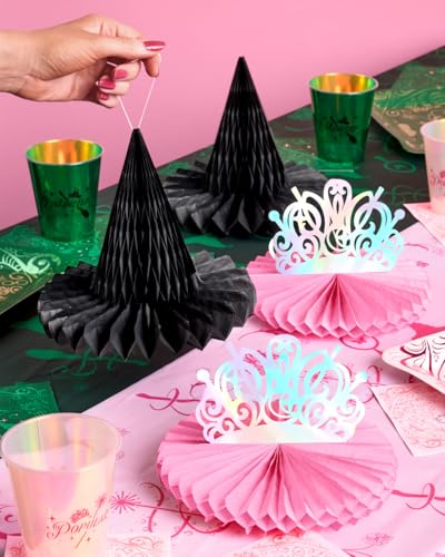 Small Witch Party Hanging Decor Set of 4 - Pink Tiaras & Black Hats, Iridescent Centerpieces