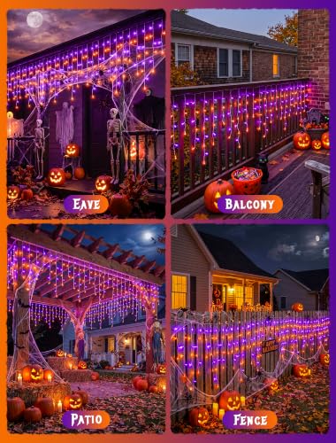 Halloween Icicle Lights Outdoor - 300 LED Purple & Orange, 32ft, 8 Modes, Connectable