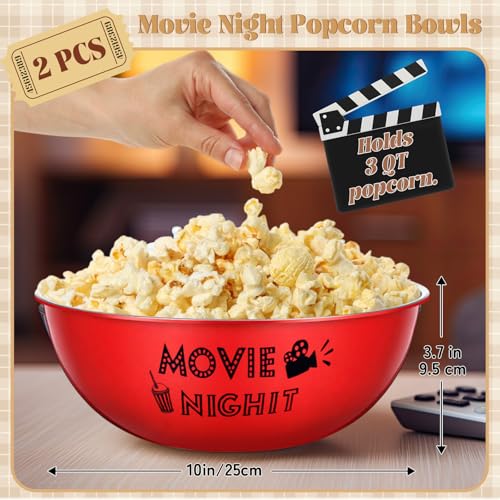 2 Pack Stainless Steel Popcorn Bowls - 3 Qt Large Snack Serving Set - Red, Classic Variation