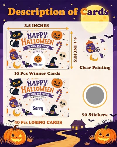 Halloween Scratch Off Cards - Pumpkin Ghost Theme, Black Cat Variation, 50 Pack