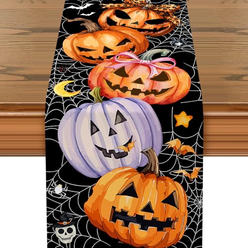 Halloween Spider Web Table Runner with Pumpkins and Bats - 13x72 Inch - Pink Variation