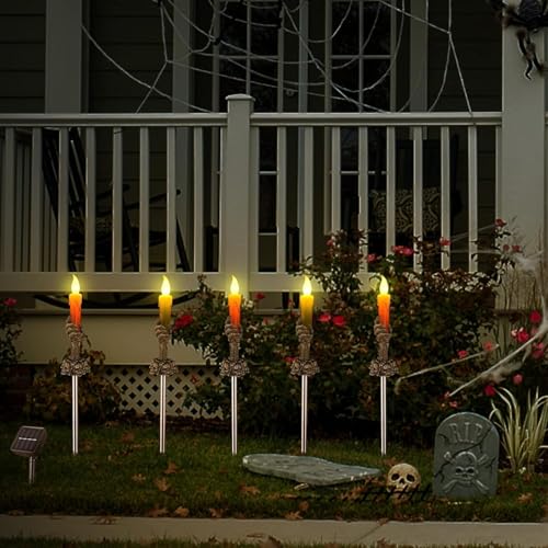 Outdoor Halloween Skull Pathway Lights 5-Pack Solar Halloween Decorations - Black-Orange/Green