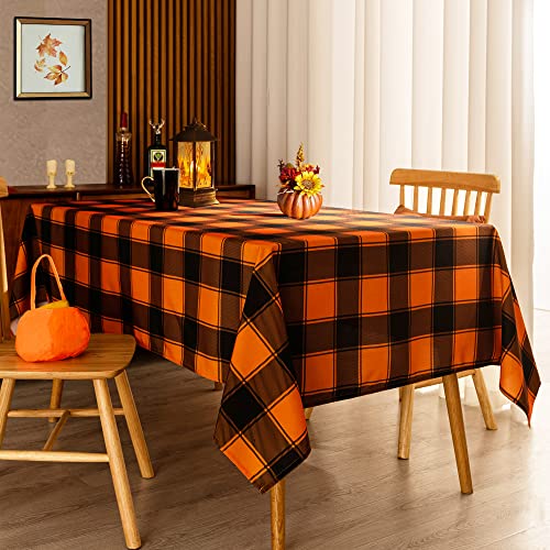 84x60 Inch Checkered Halloween Tablecloth - Waterproof & Washable Gingham Orange/Black