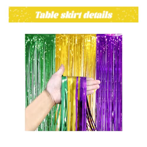 29.5x108 Inch Green Gold Purple Mardi Gras Foil Fringe Table Skirts - 6 Pack