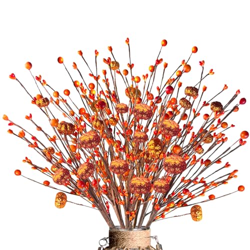Artificial Fall Berry Stems with Orange Pumpkins & Glitter Picks - 6 Pieces