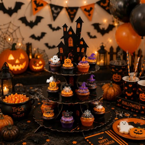 Halloween 3 Tier Cupcake Stand - Haunted Castle Design for Party Decor - Black