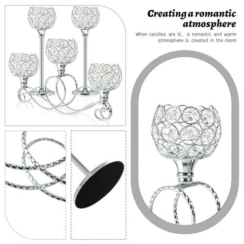 Silver 5 Arm Crystal Tea Light Candle Holder Set of 3 - Elegant Wedding & Holiday Decor