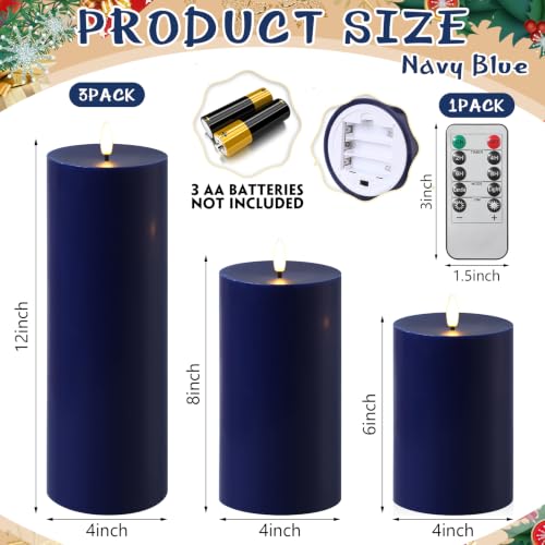Navy Blue Flameless LED Candles Set - 3 Sizes with Remote & Timer
