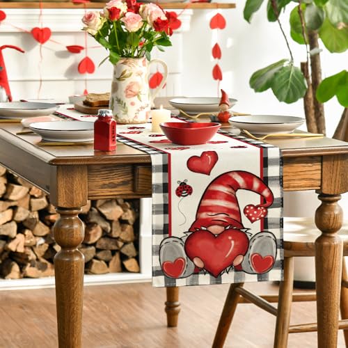 Buffalo Plaid Gnome Valentine's Day Table Runner 13x72 Inch - Black White