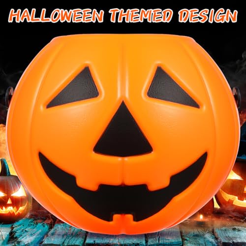 Halloween Pumpkin Bucket Candy Holder with Handle - 8.3 Inch Plastic Trick or Treat Pail