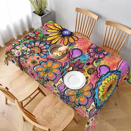Hippie Flowers Rectangular Tablecloth 60x90 Inch Washable Outdoor Dining Cover - Boho Decor