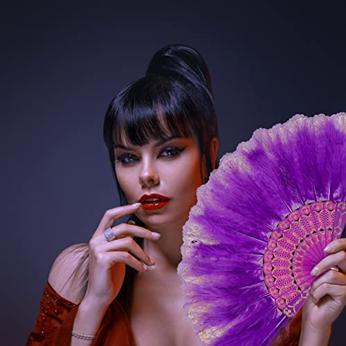 Purple Marabou Feather Fan - Decorative Handheld Fan for Costumes & Events