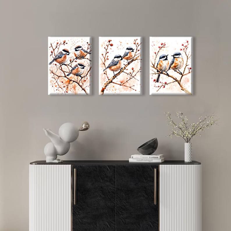 Bird Wall Art Canvas Painting - Cute Watercolor Bird on Branch, 16x12 Inch - Variation of THIS listing
