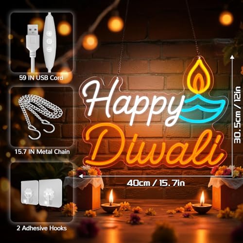 Diwali Neon Sign - Festive Wall Decor with Dimmable Brightness - Indoor Festival Lights - Mandir