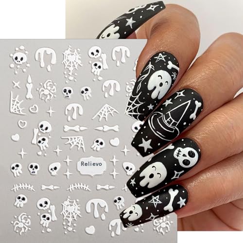 Halloween 5D Nail Art Stickers Set - Pink Embossed Self-Adhesive Decals with Skull Ghost Pumpkin for DIY Manicure 5D Halloween Variation