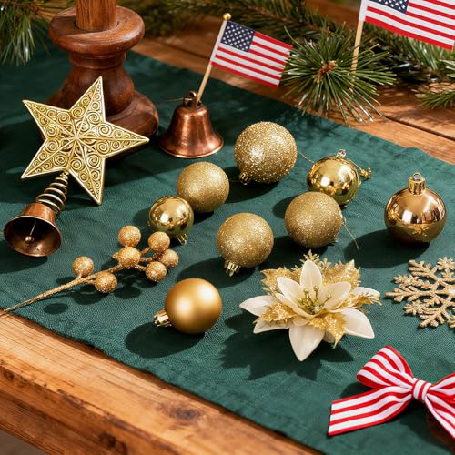 Gold 76-Piece Christmas Tree Decorations Set Holiday Ornaments & Poinsettia Flowers