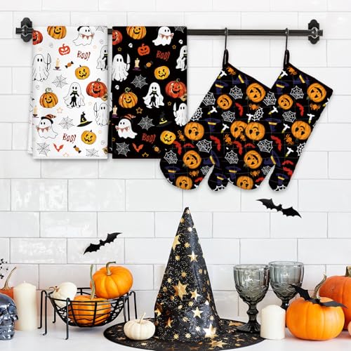 Halloween Pumpkin Kitchen Towels and Oven Mitts Set - 4pcs, Fall Themed Kitchen Accessories