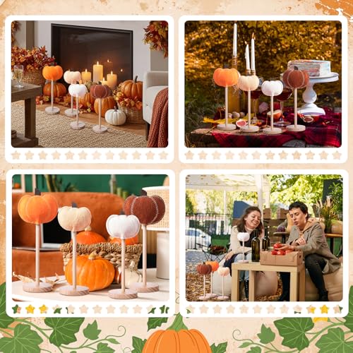 Fall Felt Pumpkin Decor Set with Wooden Bases - Autumn Halloween Thanksgiving Home Accent