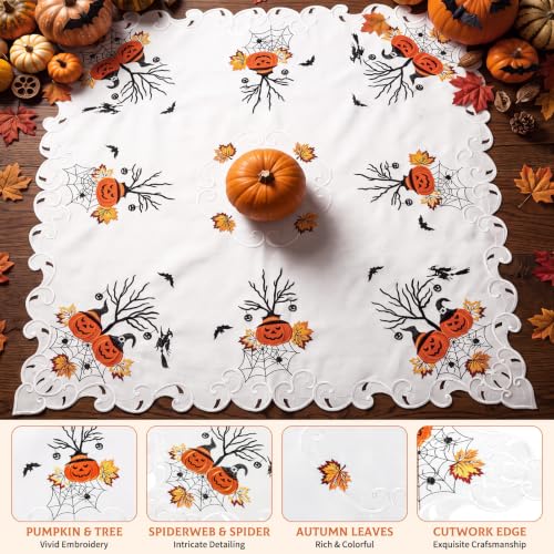 Halloween Embroidered Ivory Tablecloth 34 Inch - Spooky Pumpkin Bat Web