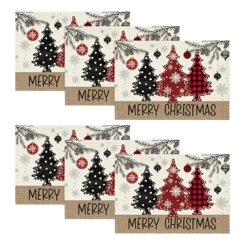 Christmas Table Runner & 6 Place Mats Set - Red Pine Trees Holiday Decor