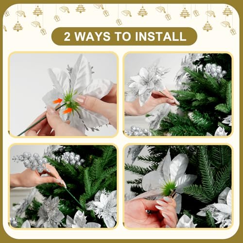 Christmas Glitter Poinsettia Ornaments Set - Silver, 50pcs with Clips & Stems