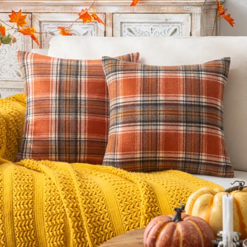 Fall Plaid Throw Pillow Covers Set of 2 - Orange 16x16 Inches, Autumn Decor