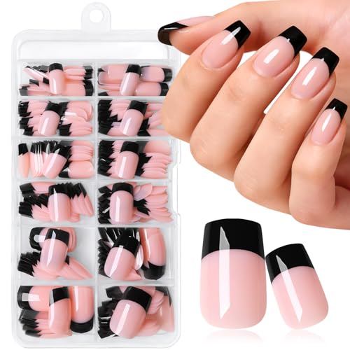Medium Square Black French Tip Press On Nails - Reusable Fake Nails with Glue Tabs