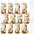 12 Pcs Halloween Glass Cups with Bamboo Lids & Straws - 16 Oz, White - Ghost & Skull Design
