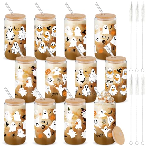 12 Pcs Halloween Glass Cups with Bamboo Lids & Straws - 16 Oz, White - Ghost & Skull Design