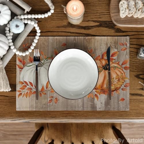 12x18 Inch Fall Leaves & Pumpkin Placemats Set of 6 - Wooden Rectangular