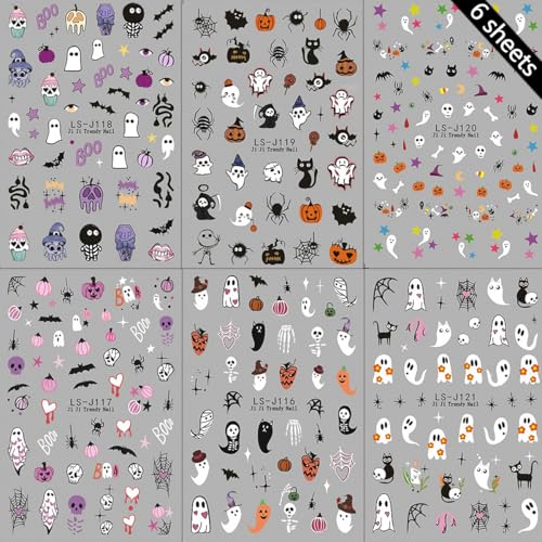 Halloween Ghost Nail Stickers - 3D Spider Bat Pumpkin Bone Design with Variation Flower Nail Stickers-3