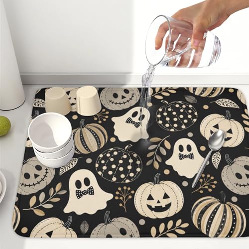 Ghost Pumpkin Halloween Dish Drying Mat 18x24 Inch Absorbent Microfiber Kitchen Decor