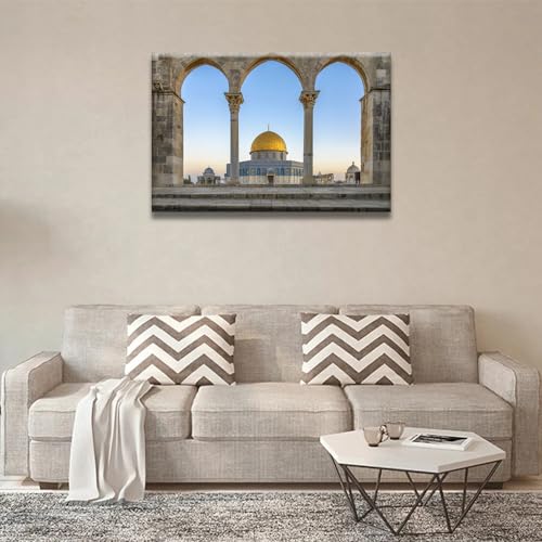 Al-Aqsa Mosque Canvas Wall Art - Dome of the Rock Religious Decor 36x24 Inches - Framed Ready to Hang