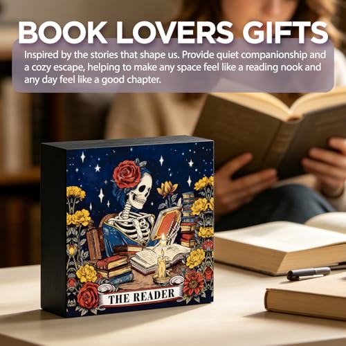 Rose Reader Skeleton Wooden Sign Gothic Dark Academia Desk Decor - The Reader
