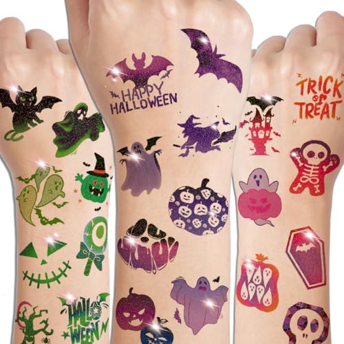 Kids Halloween Glitter Temporary Tattoos Set - 74 Spooky Designs, Waterproof & Glittery
