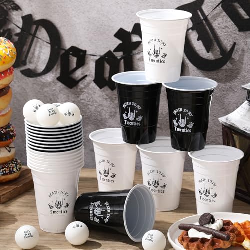 30 Pack Gothic Themed Plastic Cups and Spooky Birthday Balls for 30th Party