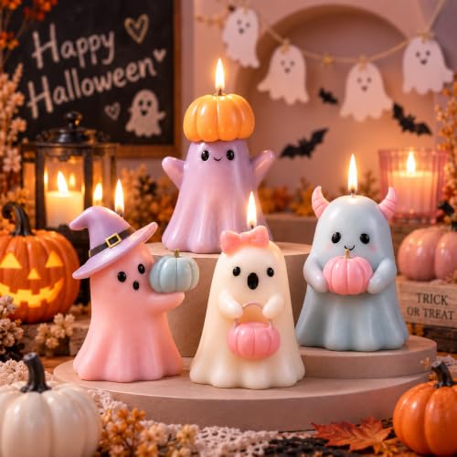 Pastel Halloween Ghost Candle Set - Pumpkin & Witch Hat Figurines, 4 Pack