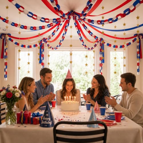 Patriotic Party Decoration Kit - Gold Stars, Streamers & Paper Chains - 492 FT