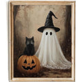 Halloween Ghost and Black Cat Wall Art - 8x10 Inch Canvas Print - Variation: Ghost and Black Cat