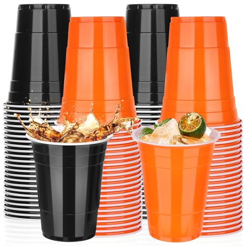 Black & Orange Plastic Cups 16 oz Bulk Disposable Party Cups - Fall & Halloween