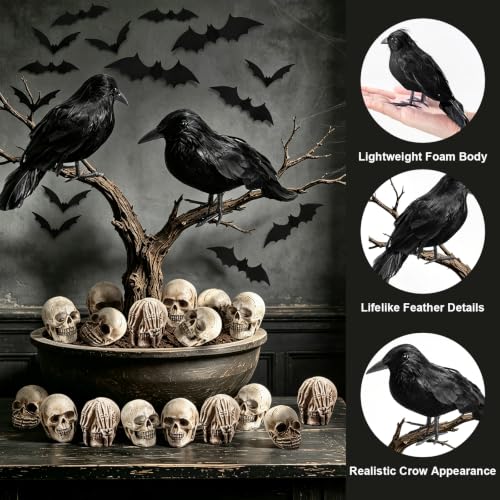 Halloween Decorations Set with Black Crows, Mini Skulls & Bats - 162 Pieces