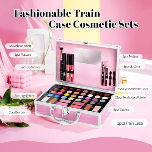 Pink Beginner Makeup Kit for Teens & Women with 32 Eyeshadows & Cosmetics Case - Includes Lip Gloss, Mascara, Brushes, Mirror