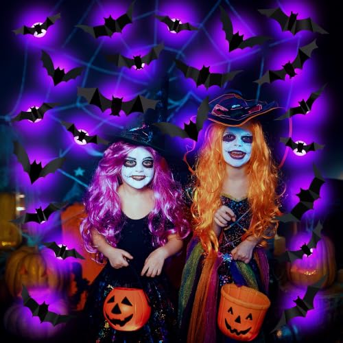 Purple LED 3D Bat Halloween Decorations Set - 36 Pieces, 5 Sizes & 4 Shapes