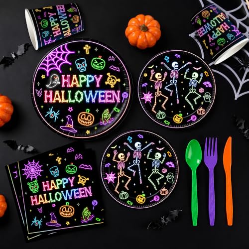 Neon Halloween Party Supplies Set - 168 Pieces for 24 Guests