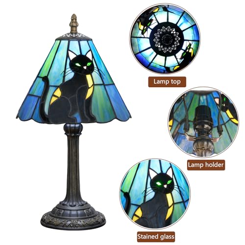 8-Inch Black Cat Tiffany Glass Table Lamp - Handcrafted Stained Glass Bedside Decor
