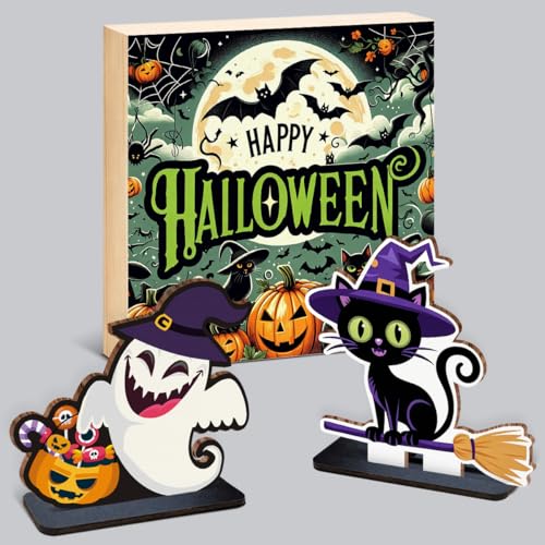 Halloween Ghost Wooden Decoration Sign - Cute Magic Cat Style - Variation Cat1