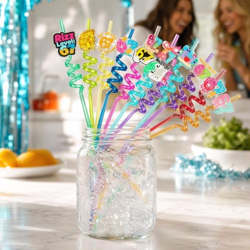 Reusable Party Drinking Straws with 16 Fun Curved Designs for Parties & Events