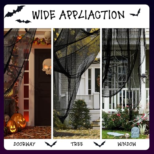 Halloween Spider Web Tablecloth & Creepy Gauze Cloth Set with Bat Wall Decals